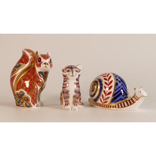 429 - Three Royal Crown Derby Paperweights to include Woodland Squirrel and Kitten (gold stoppers) and Sna... 