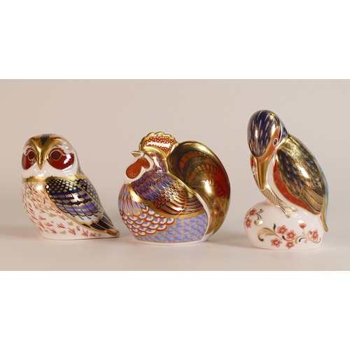 430 - Three Royal Crown Derby paperweights to include a Tawny Owl, Rooster and Kingfisher (all gold stoppe... 