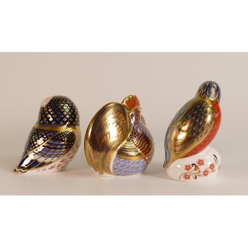 430 - Three Royal Crown Derby paperweights to include a Tawny Owl, Rooster and Kingfisher (all gold stoppe... 