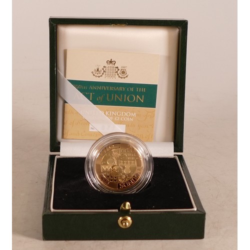 1782 - 2007 FULL proof Act of Union 22ct gold DOUBLE sovereign / £2 coin in case with certificate.