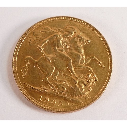 1787 - Edward VII 1905 FULL Sovereign gold coin in high grade.