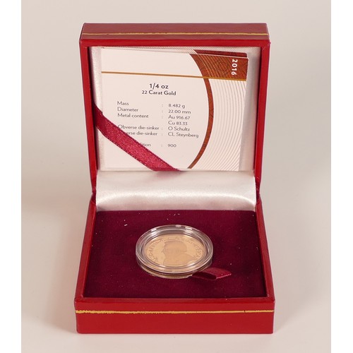 1793 - Quarter Krugerrand 22ct Gold proof 2016 coin in box with certificate, in a limited, numbered edition... 