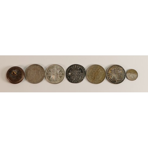 1794 - Charles I - 17th century hammered silver Shilling (holed), together with 2 x pre 1946 silver half-cr... 