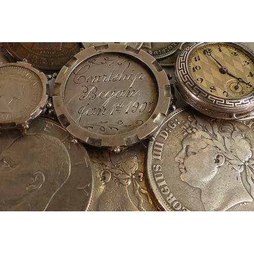 1805 - 2 x George IV 1821 silver crowns together with various silver coin fobs, silver wrist watch, a small... 