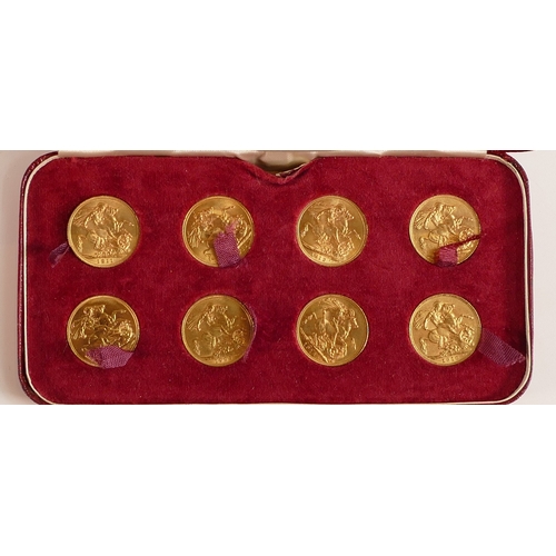 1807 - A boxed set of eight FULL Sovereigns, comprising three Edward VII Sovereigns dated 1903, 1908 & 1910... 