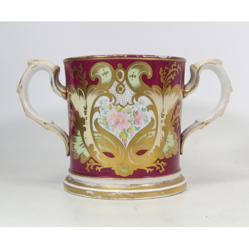 204 - Victorian Porcelain Large Loving Cup Height 14cm Burgundy Floral And Gilt Decoration