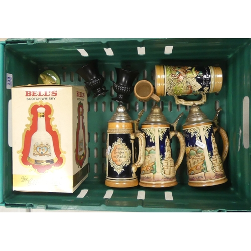 330 - Four German Western Stein 1980's Beer Mugs with Silver Tone Lids, Bell's Whiskey Decanter to commemo... 