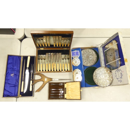 543 - Selection of Boxed Silver Plated Mats and Coasters, Fish Cutlery Set, Set of Dessert Forks and Carve... 