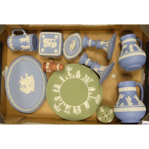 446 - Wedgwood To Include Pale Blue Jasper Trinket boxes, Candle Sticks, Jugs, Terracotta Salt Shaker Etc.... 