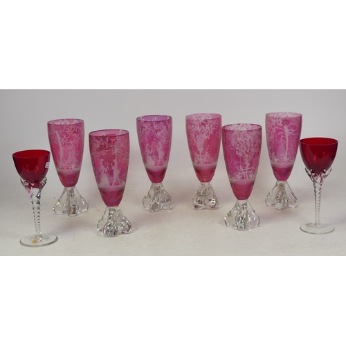 452 - Selection of Six Pink with romanticised scenes and Two Ruby Red Glasses with twisted stems (16.5cm H... 