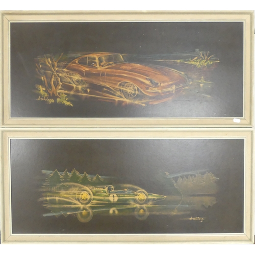 456 - Derek Ashley, Two Automobilia Prints including one example E Type Jaguar with T5600. Height: 42.5cm ... 