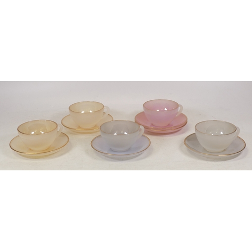 538 - Five Arcopal Gilt Edged and Coloured Glass Tea Cups and Six Saucer's (1 Small Tray)