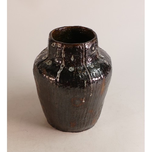 28 - A 20th century studio pottery vase of squat form. Decorated in lustre glaze with white highlighting.... 