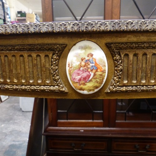 663 - Italian style tall marble top console table. Gilded wood frame with oval ceramic insert depicting a ... 