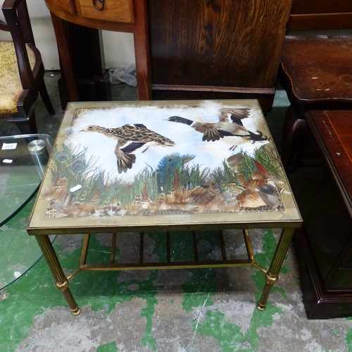 666 - Brass and Glass topped coffee table (Height - 41cm) with flying duck design made of various feathers... 