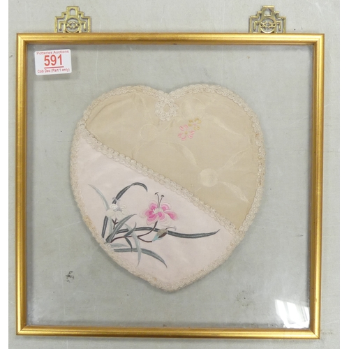 591 - Chinese Silk Heart Shaped Card Holder. Framed behind glass on both sides. Height: 32cm