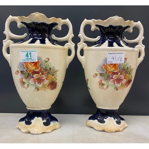 41 - A Pair of Victorian Cobalt Blue and Gilt Mantle Vases. Printed romantic scenes to front. Height: 27c... 