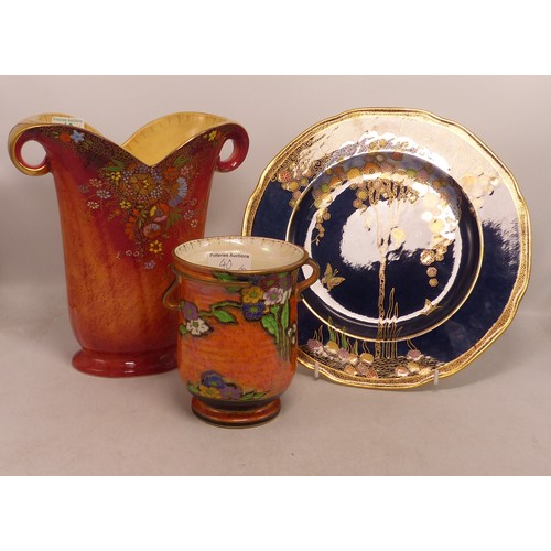 40 - Three Crown Devon Lustre Items, including a Jewelled Twin Handle Vase, Blue Fairyland Tree Plate and... 