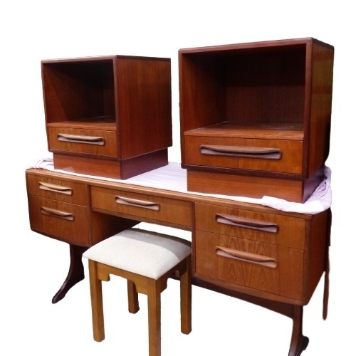 660 - Mid Century Teak G Plan Bedroom Suite including dressing table with stool & 2 matching bedside table... 