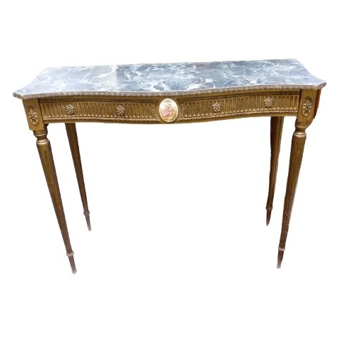 663 - Italian style tall marble top console table. Gilded wood frame with oval ceramic insert depicting a ... 