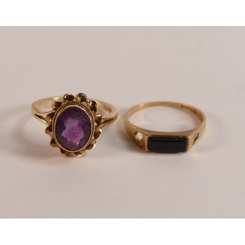 708 - 9ct gold dress ring set with oval amethyst stone, size K, 2.5g and 9ct black onyx ring, size L, 1g. ... 