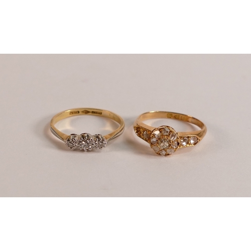 728 - Two Vintage 18ct gold diamond rings, both size I,one has stone missing,4.2g.