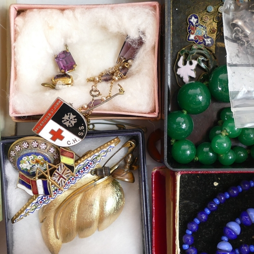 748 - A collection of Antique and later costume jewellery including Silver, beads, pearls, enamel badges, ... 