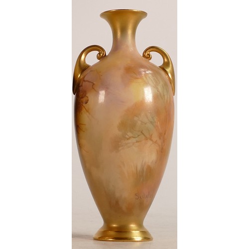 130 - Royal Worcester porcelain ovoid twin handled vase, painted with peacocks perched in a fir tree, sign... 