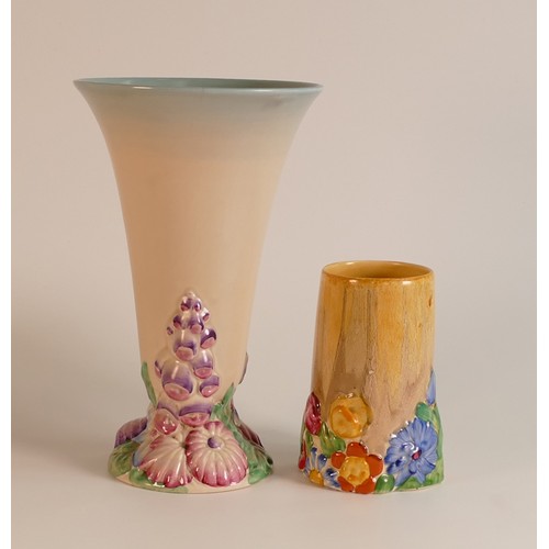 7 - Clarice Cliff for Wilkinson Ltd. Foxglove pattern trumpet vase and My Garden pattern small vase. Hei... 