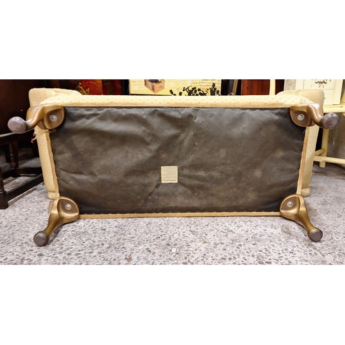 614 - Modern Upholstered Small Settee. Gold threaded fabric with Buttoned Back on Queen Anne legs. Height:... 