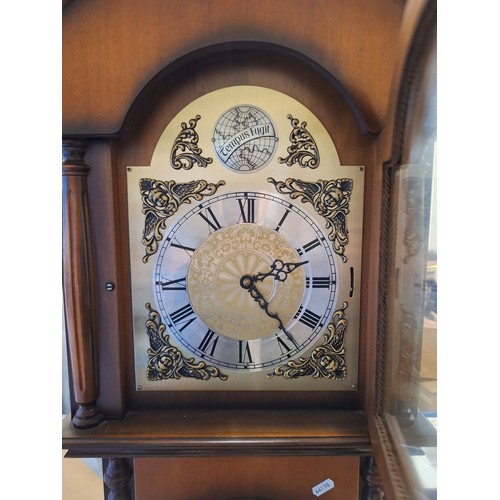 608 - A Modern Longcase Clock. Brass Front plate with Tempus Fugit Globe and Scroll Motif. Height: 208cm