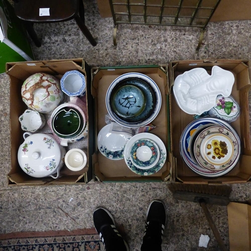 163 - Large quantity of tureens, pottery plates, cheese dome, etc.- 3 trays