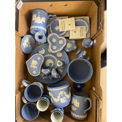 506 - Wedgwood, Blue Jasperware Items including Mugs, Planters, Shaped Dishes, Slat and Pepper, Dip Blue S... 