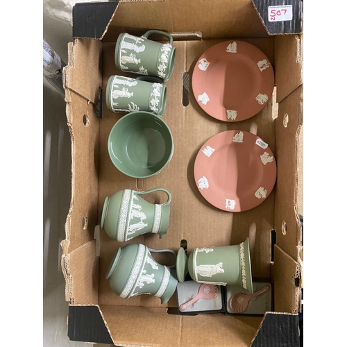 507 - Wedgwood, A Collection of Sage Green, Pink and Terracotta including Jugs, Milk Jug, Sugar Bowl, Plat... 