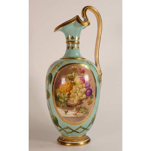 31 - Possibly Derby, a hand painted turquoise ground porcelain ewer. Decorated with fruit still life cont... 