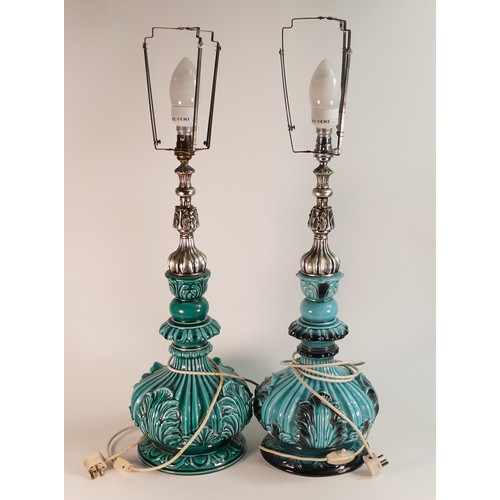 34 - A pair of mid-century Italian Majolica lamps. Turquoise body with white metal fittings. Height to fi... 