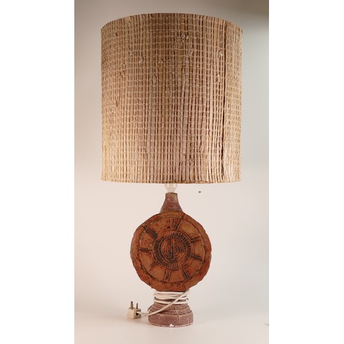 44 - Bernard Rooke, Studio Pottery lamp base of circular form on pedestal base. Height incl. shade:  70cm