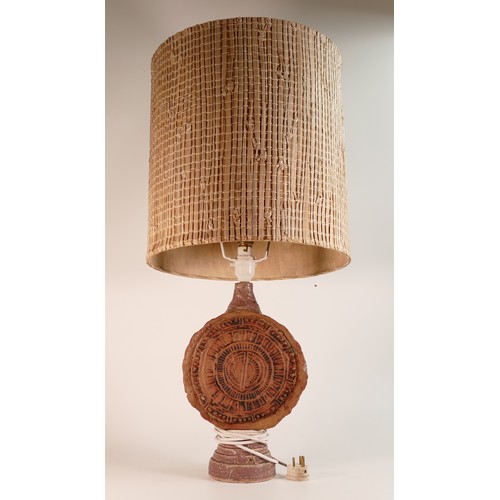 44 - Bernard Rooke, Studio Pottery lamp base of circular form on pedestal base. Height incl. shade:  70cm