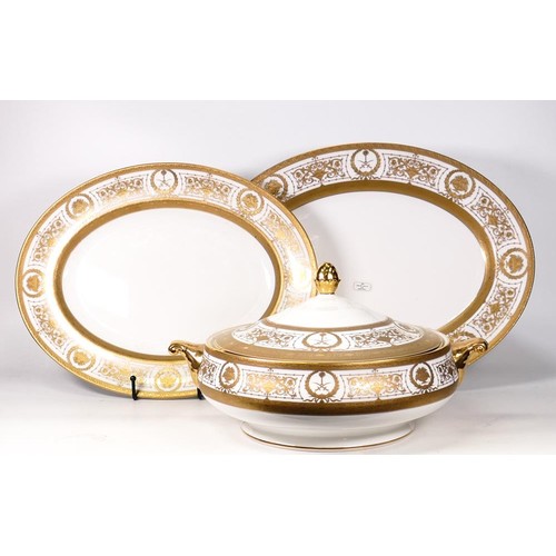 50 - De Lamerie Fine Bone China heavily gilded Emperor patterned large 32cm tureen, 39cm & 35cm platter w... 