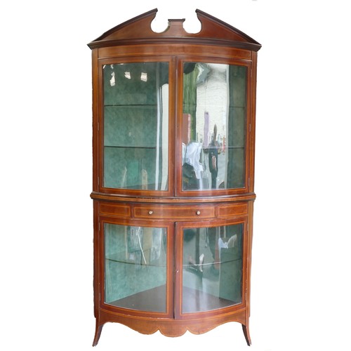 628 - Edwardian Mahogany inlaid bow fronted four door corner display cabinet. Width: approx. 125cm. Height... 