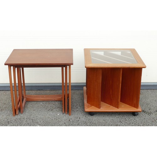 629 - Mid century Teak revolving library / magazine side table plus a mid-century Teak nest of three table... 