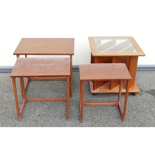 629 - Mid century Teak revolving library / magazine side table plus a mid-century Teak nest of three table... 