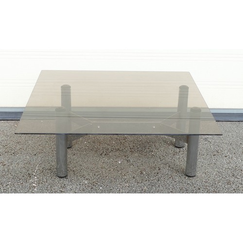 630 - Mid-century Brushed Steel base coffee table with Y-Shaped stretcher.  Height: 35cm Length: 81cm Widt... 