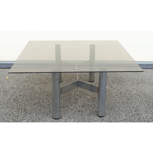 630 - Mid-century Brushed Steel base coffee table with Y-Shaped stretcher.  Height: 35cm Length: 81cm Widt... 