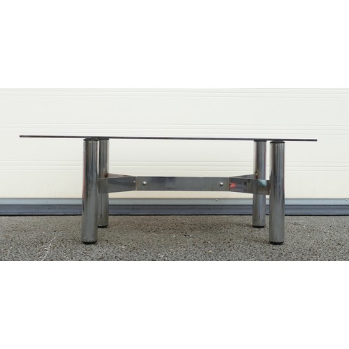 630 - Mid-century Brushed Steel base coffee table with Y-Shaped stretcher.  Height: 35cm Length: 81cm Widt... 