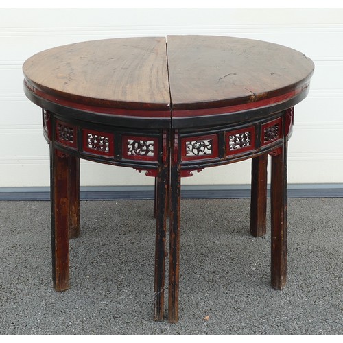 633 - Two 19th century Chinese Half-Moon Console tables. Carved foliate panelled aprons. Height: 88.5cm (2... 