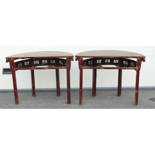 633 - Two 19th century Chinese Half-Moon Console tables. Carved foliate panelled aprons. Height: 88.5cm (2... 