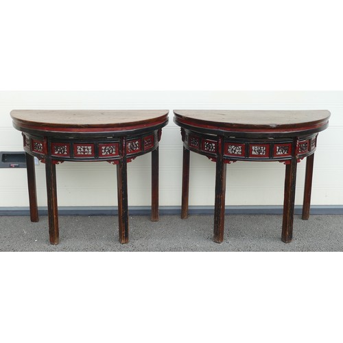 633 - Two 19th century Chinese Half-Moon Console tables. Carved foliate panelled aprons. Height: 88.5cm (2... 