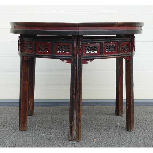 633 - Two 19th century Chinese Half-Moon Console tables. Carved foliate panelled aprons. Height: 88.5cm (2... 