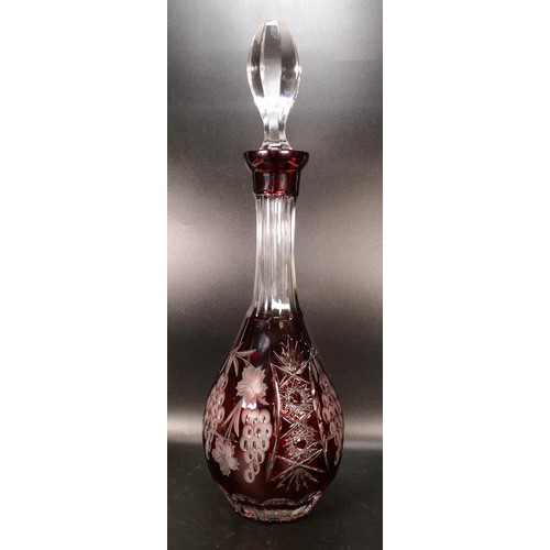 61 - Ruby Red large Crystal decanter, Nachtmann cut grapes decoration, height with stopper 39.5cm